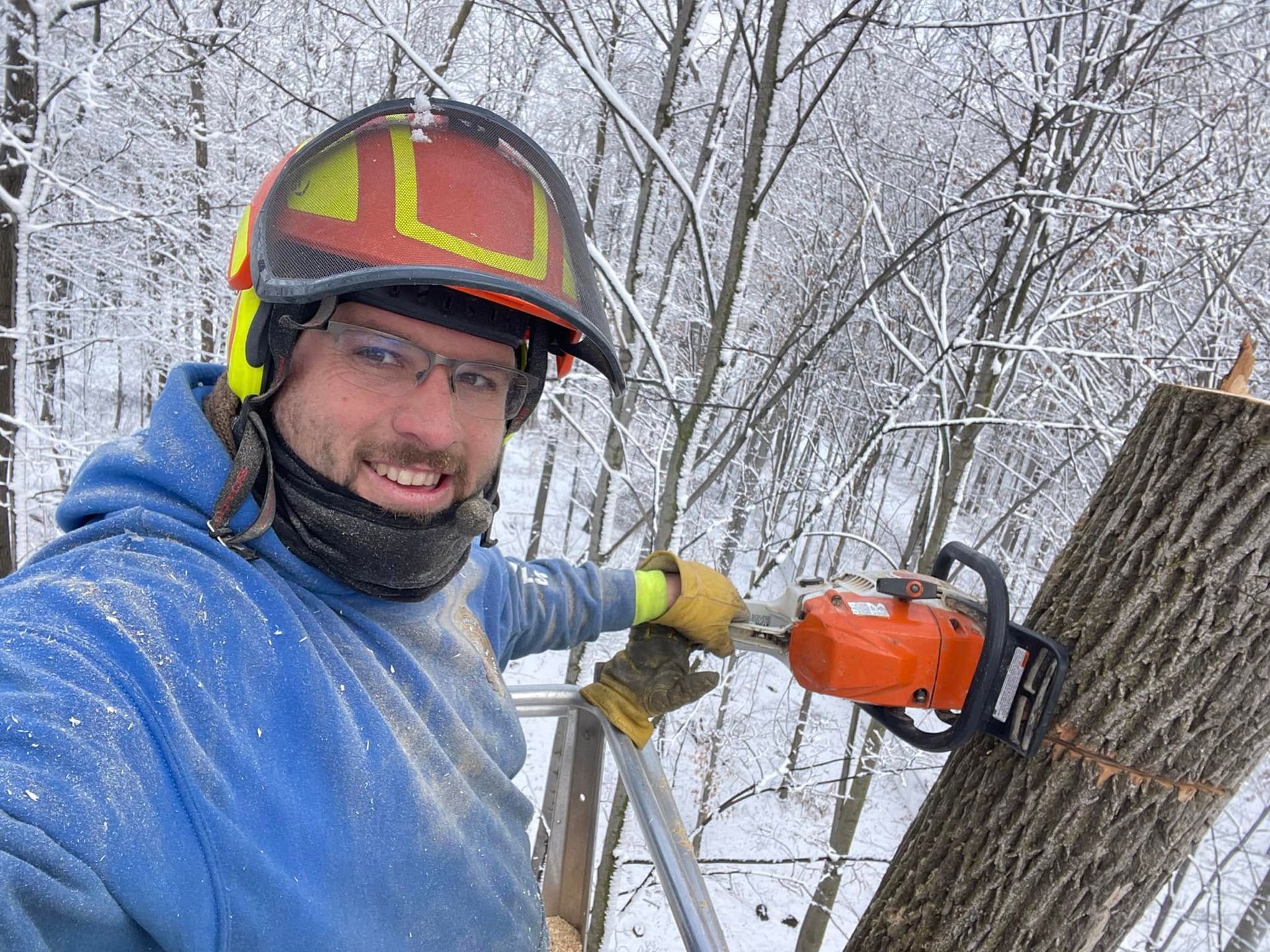 Man in safety gear using a chainsaw to cut a tree trunk in a snowy wooded area