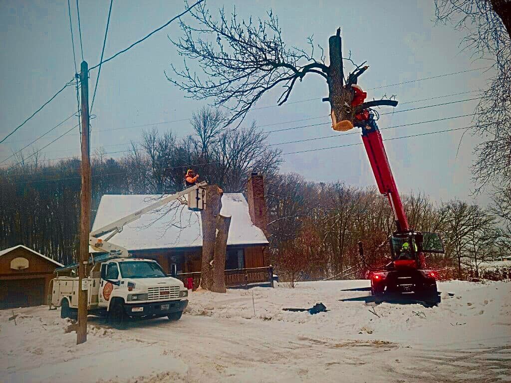Snowy roadside with a red crane truck lifting a tree beside a house and parked car