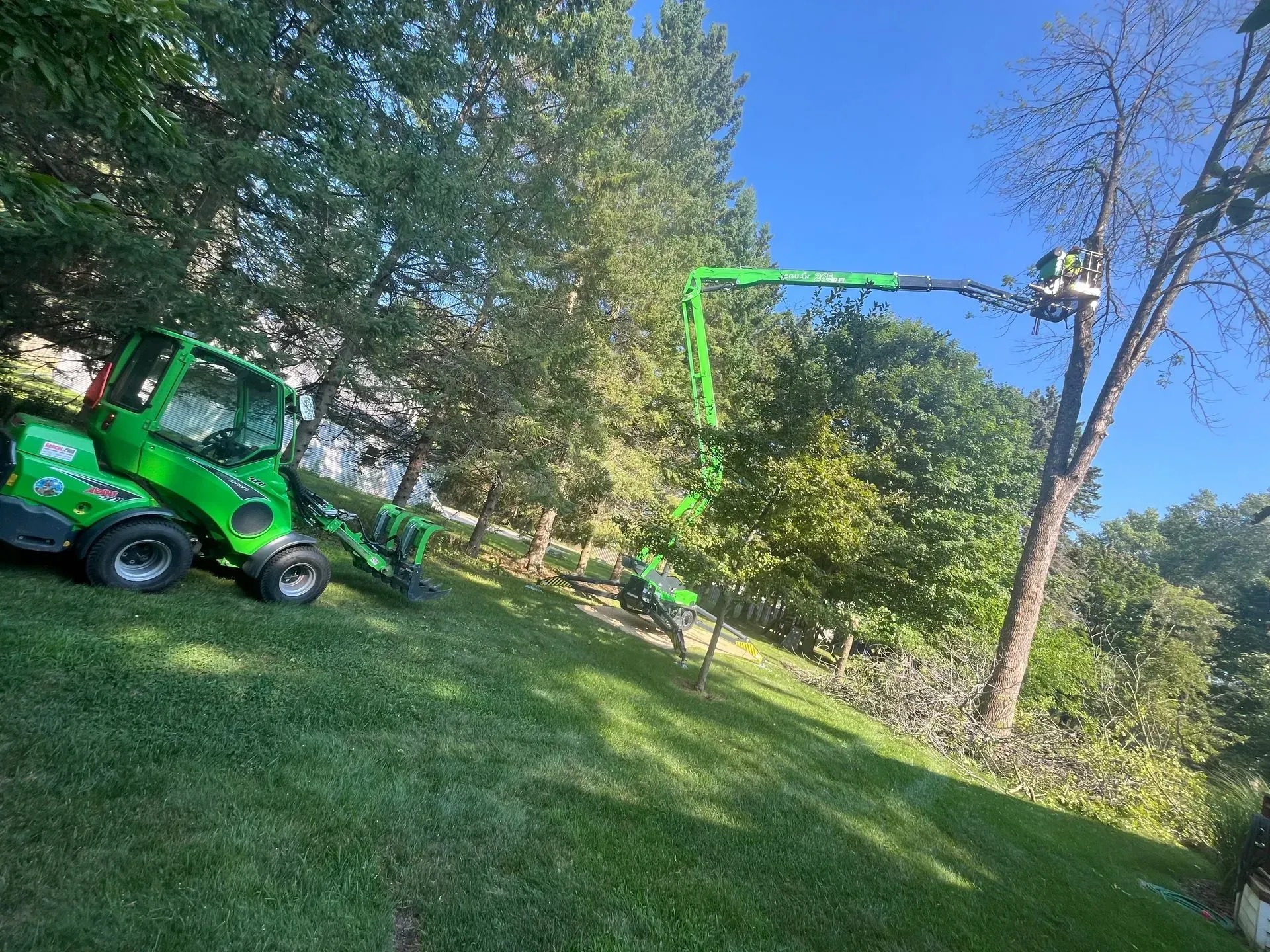 Green utility vehicle mowing a grassy hillside beside trees on a sunny day
