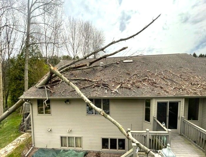 House roof damaged by fallen tree branches, with debris and broken shingles after a storm