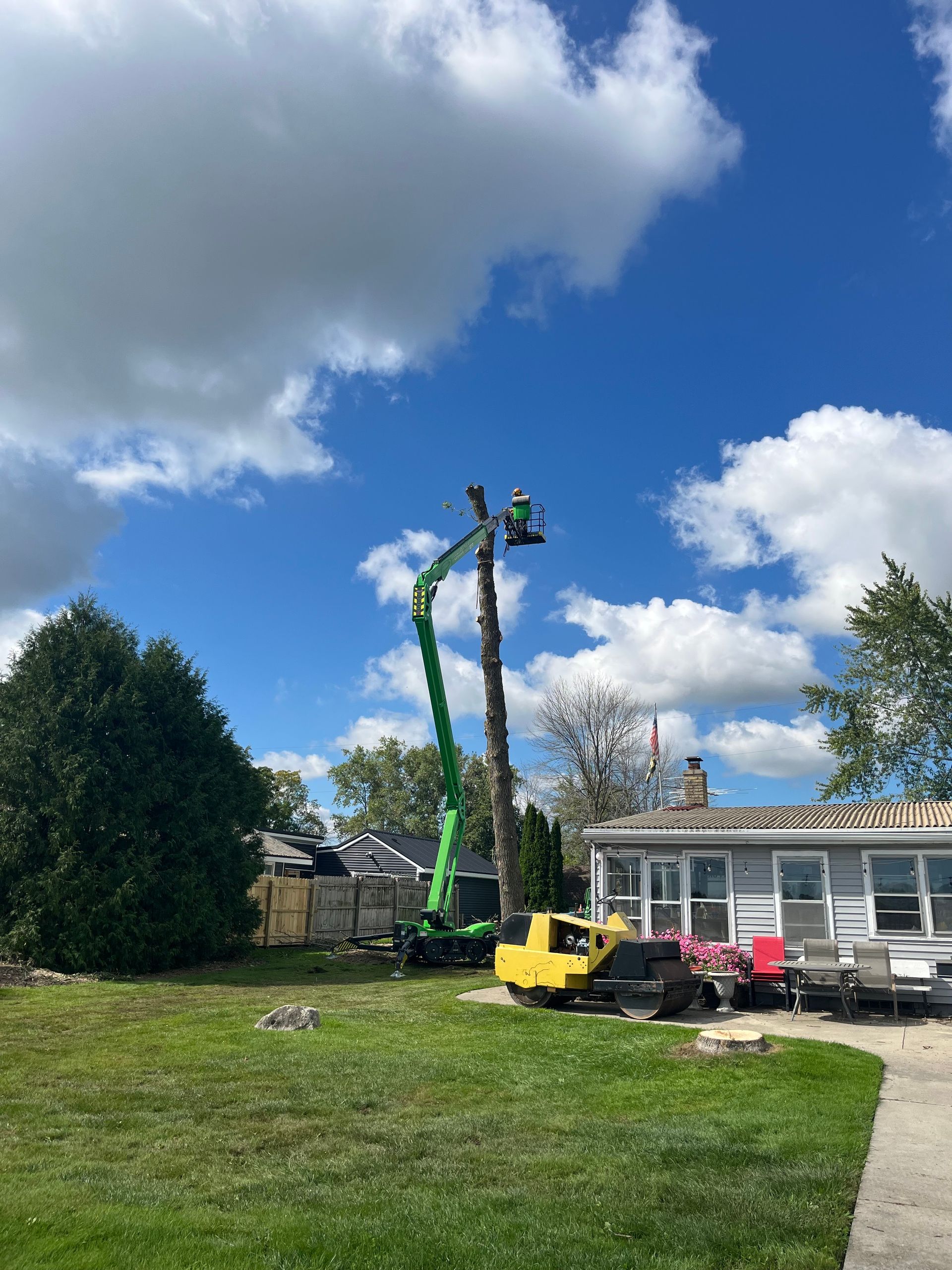 Two tree crews on cherry pickers trimming a tall tree beside a house under a blue sky.
