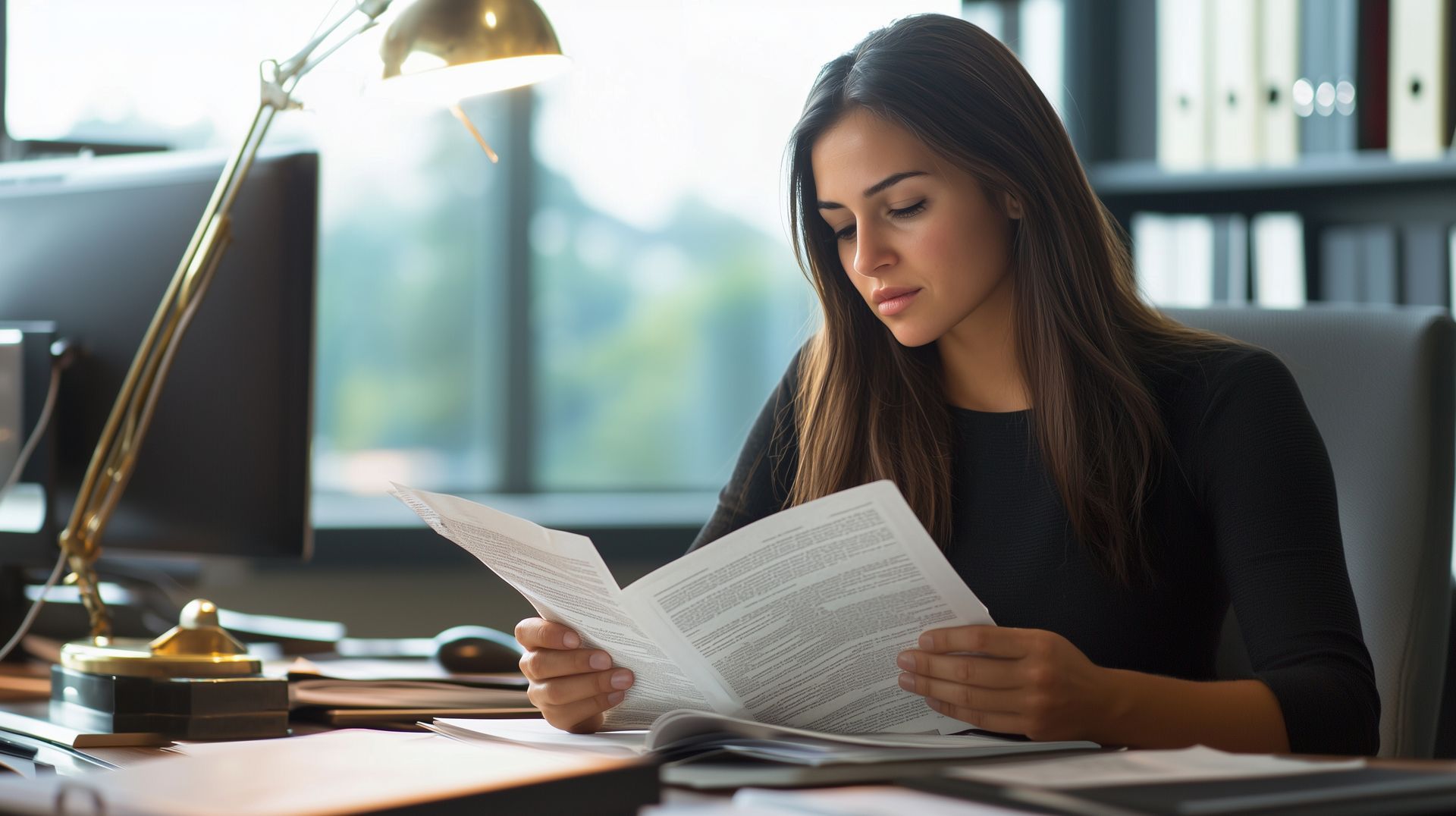 A woman is sitting at a desk reading a book.