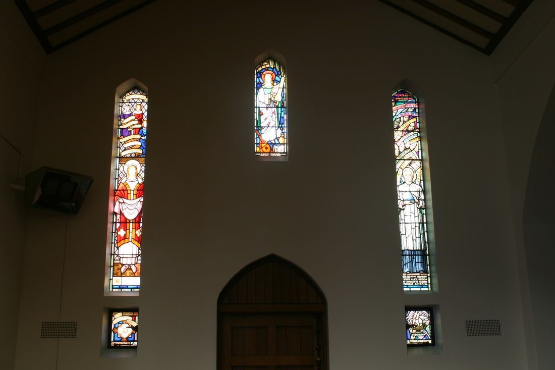 ‘Dorcas’ (2 windows) and ‘St Cecilia’ (John Ferguson), ‘Marie Currie’ and 'Science' - Napier Waller).