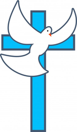 A white dove is flying over a blue cross.