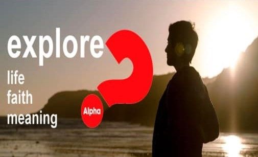 Explore life, faith, meaning poster with red Alpha symbol and a silhouetted person at sunset