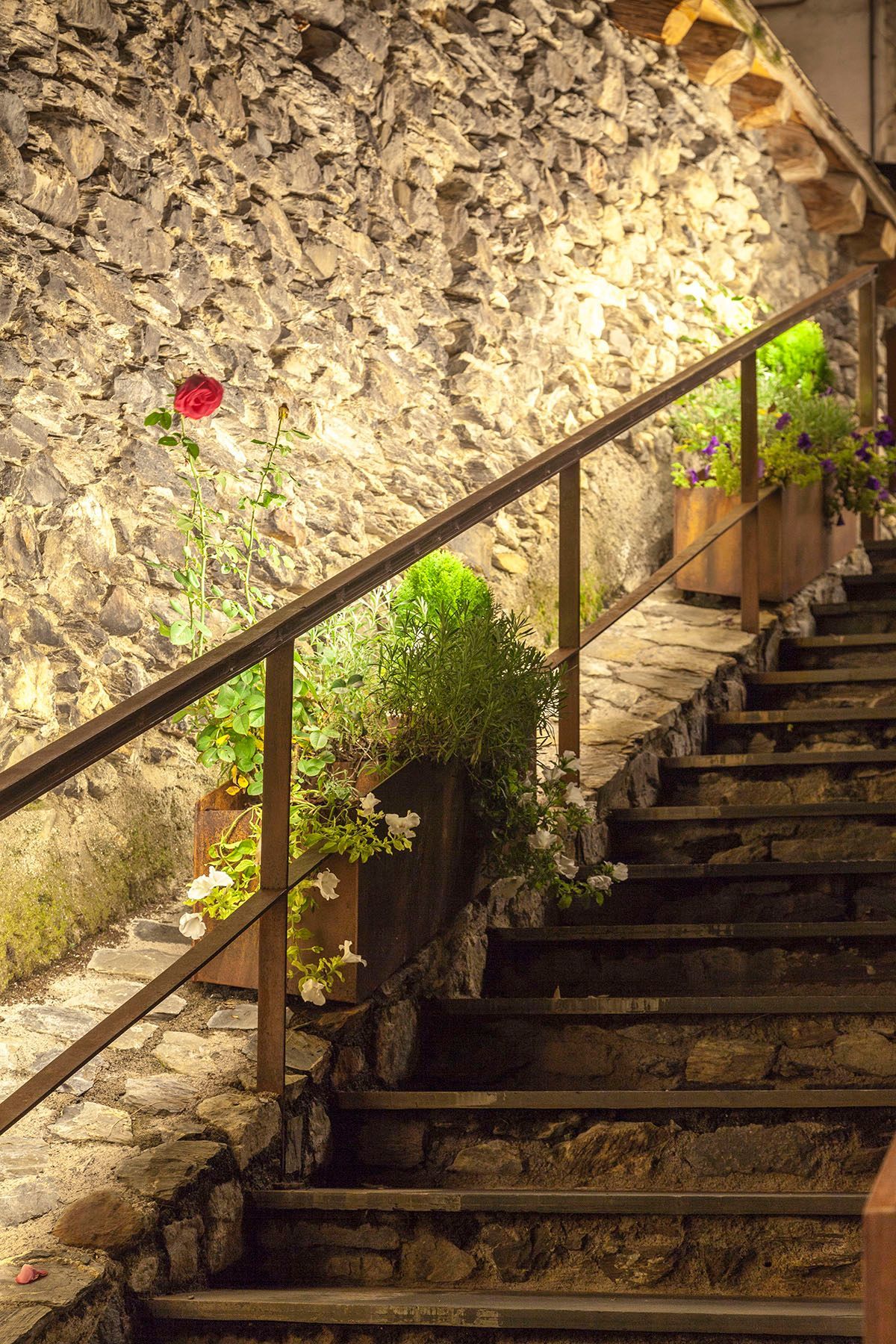 Un conjunto de escaleras que conducen a un muro de piedra con barandilla. Emfasi Estudi