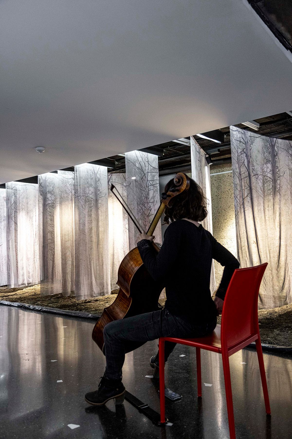 Una mujer está sentada en una silla roja tocando un violonchelo. Fotografia Emfasi Estudi Andorra y Barcelona.