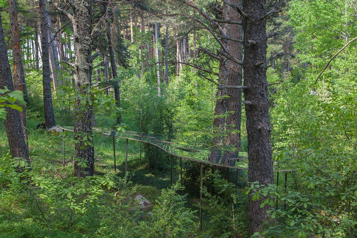 Fotografia Emfasi Estudi Andorra. Un bosque con árboles y arbustos y una obra artística.