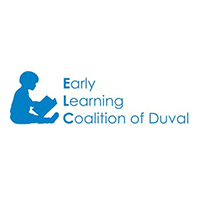 Blue logo of a child reading with text “Early Learning Coalition of Duval”