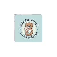 Bear Essentials diaper program logo with a teddy bear on a light blue background
