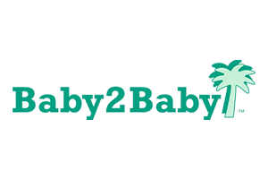 Baby2Baby logo in teal with a palm tree icon on a white background