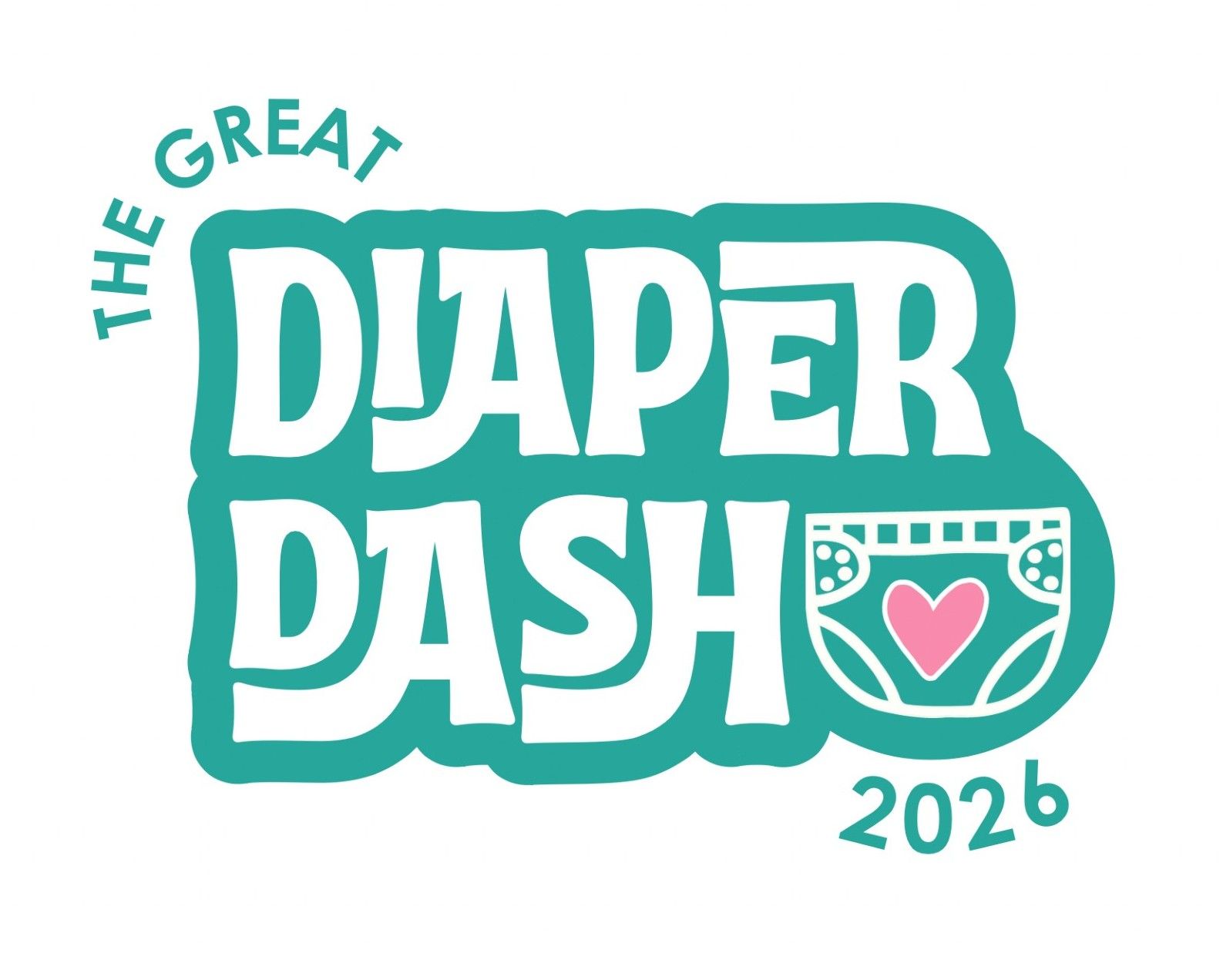 Logo for “The Great Diaper Dash 2026” in teal and white with a diaper and heart icon