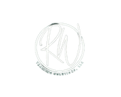 Circular silver monogram logo with stylized “KM” and small text around the edge