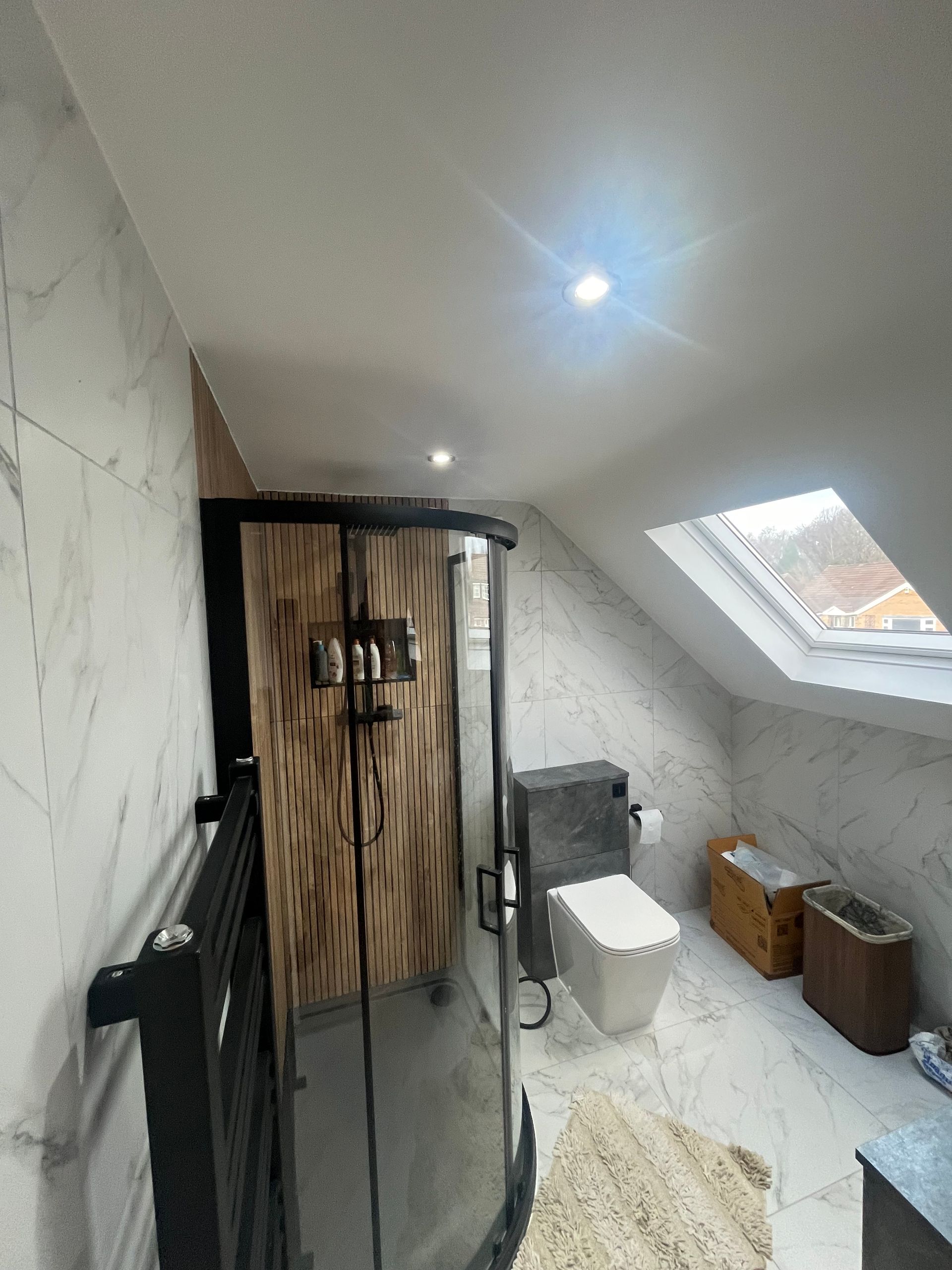 Bathroom with a curved shower, white toilet, and angled skylight. White and wood tones.