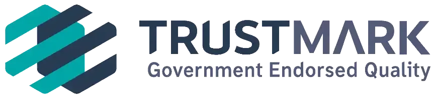 Logo for TrustMark, a government-endorsed quality service. navy geometric shape and the word