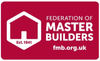 Logo of the Federation of Master Builders: white house outline on a red background,