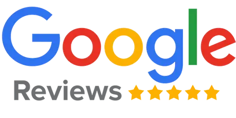 Google Reviews logo with text and five gold stars.
