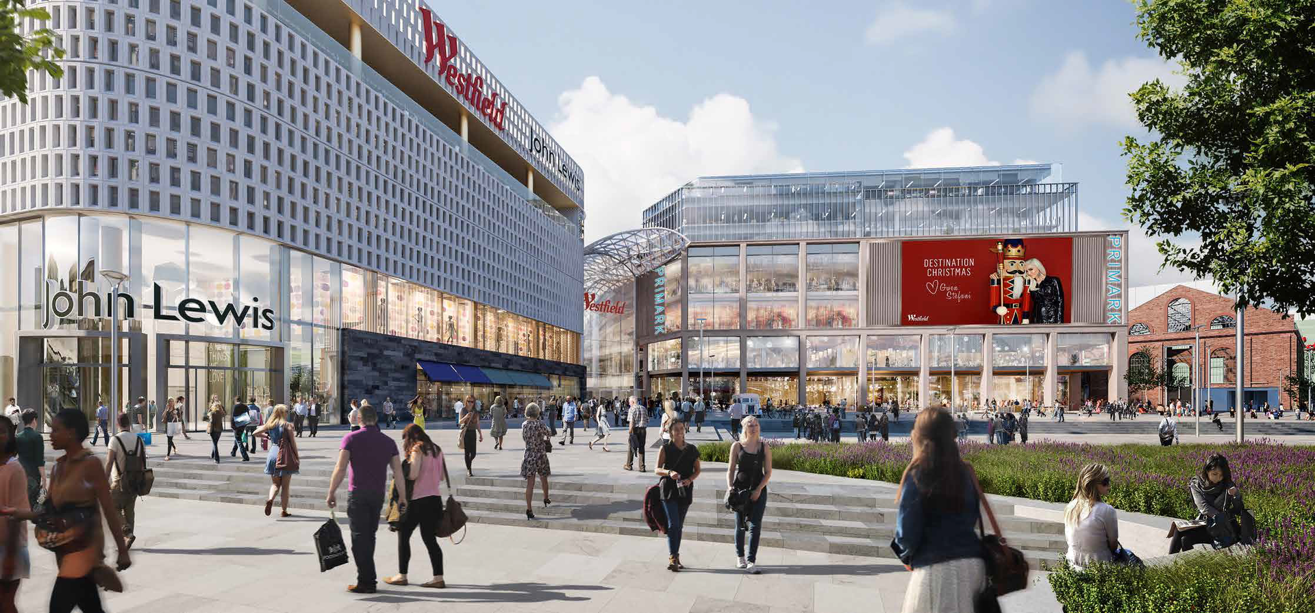 Busy outdoor shopping plaza with modern glass buildings and people walking in a sunny square