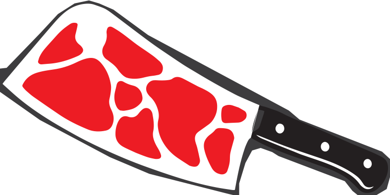 Coltello da macellaio con manico nero e lama con motivo marmorizzato rosso.