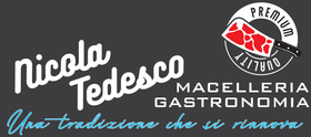 Logo per Nicola Tedesco Macelleria Gastronomica con scritta blu e icona di carne rossa su sfondo scuro.