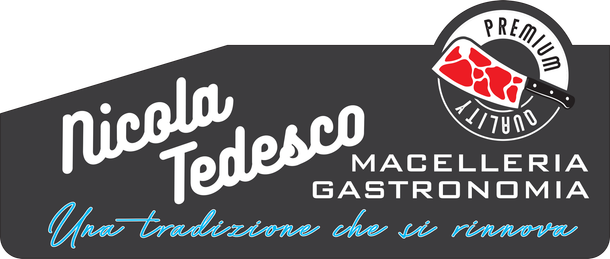 Logo di Nicola Tedesco per Macelleria Gastronomia, con emblema di prestigio e slogan italiano su sfondo nero.