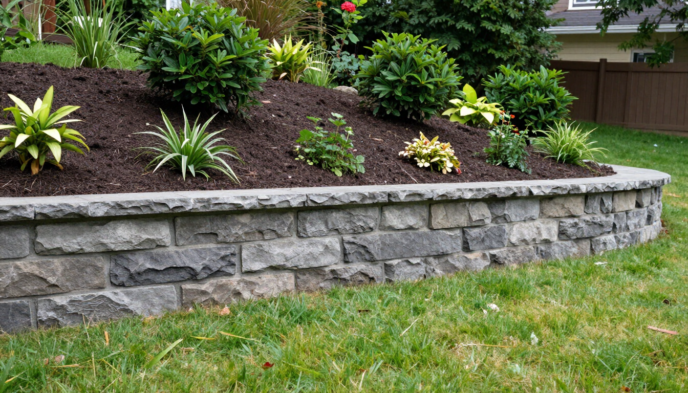 Raised stone garden bed with green plants and shrubs on a lawn