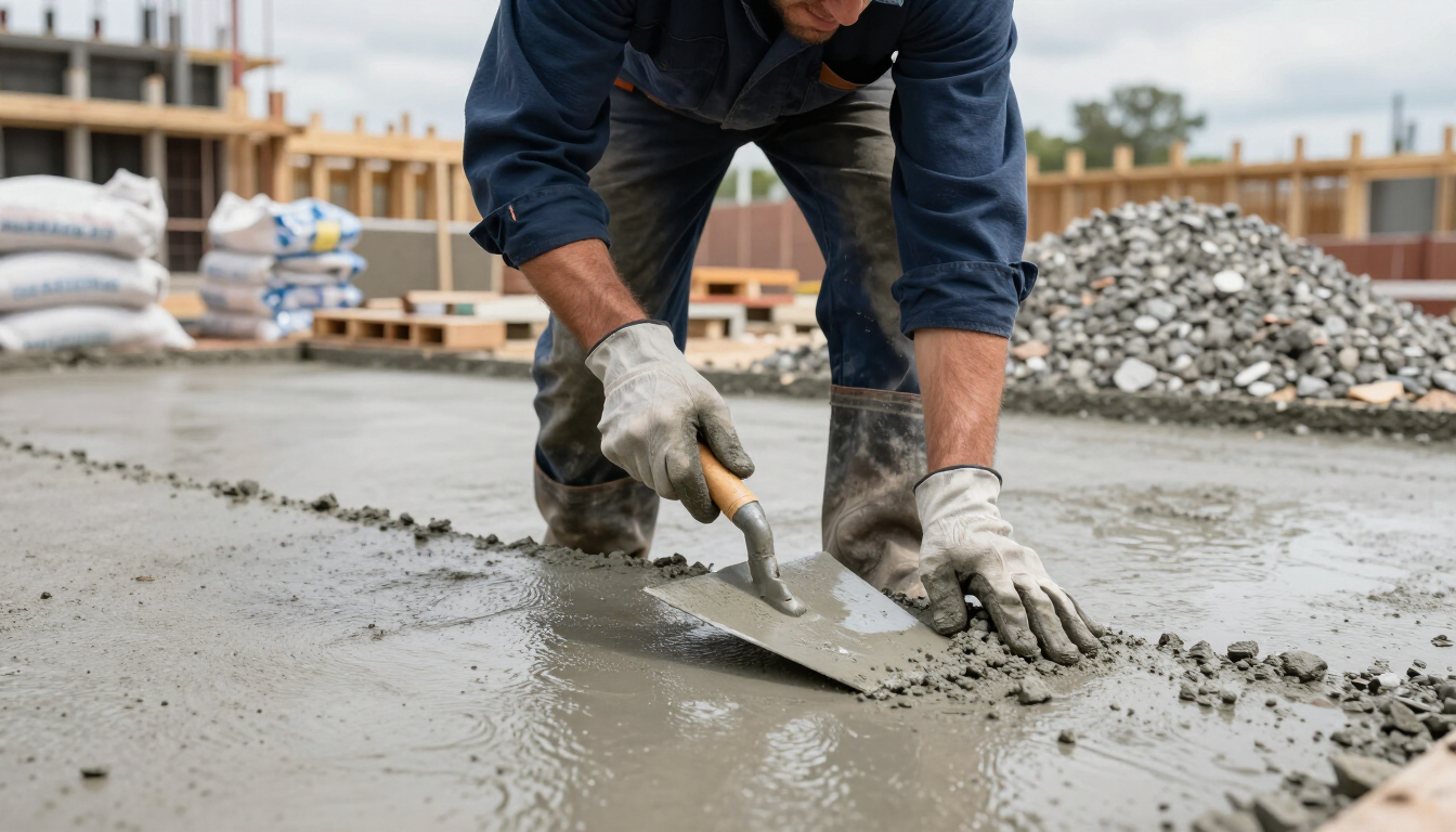 Worker smoothing wet concrete at a construction site with a trowel