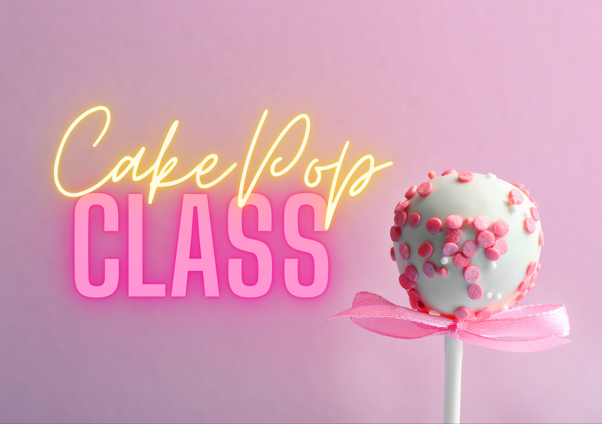 A cake pop decorated with pink sprinkles and a pink bow, next to the text