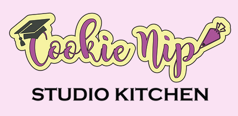Logo for Cookie Nip Studio Kitchen, features a script font with a chef's hat and piping bag accents.