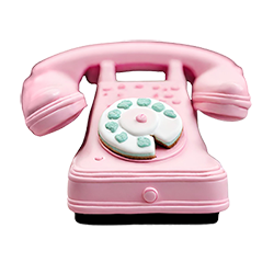 A pink retro-style rotary phone with a white dial featuring light green flower-shaped buttons.