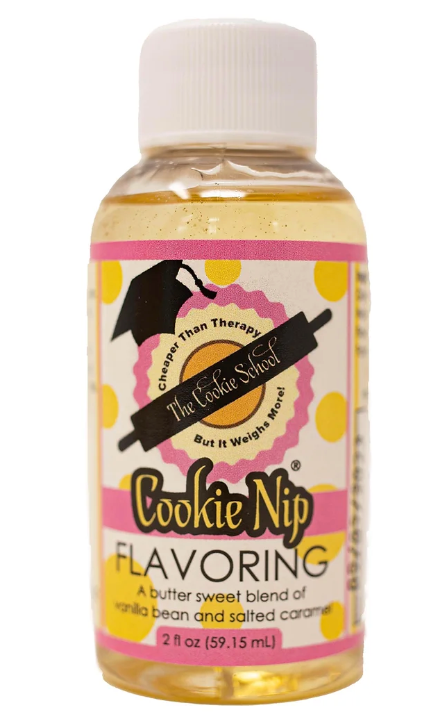 A 2-ounce bottle of Cookie Nip flavoring, featuring a yellow, pink, and white label with a black rolling pin logo.