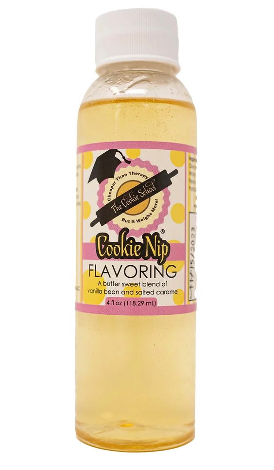 A bottle of Cookie Nip flavoring, featuring a yellow and pink label with a rolling pin icon against a white background.