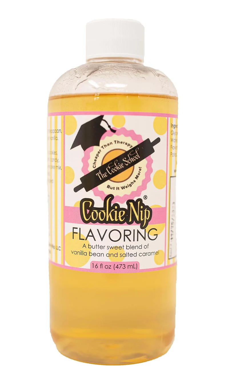 A bottle of Cookie Nip flavoring with a white cap and a label featuring a graduation cap and rolling pin icon.