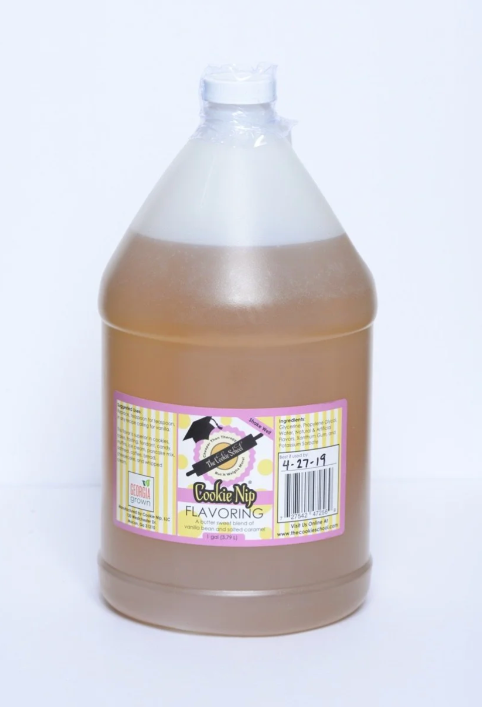 A plastic gallon jug of Cookie Nip Flavoring, set against a plain white background.