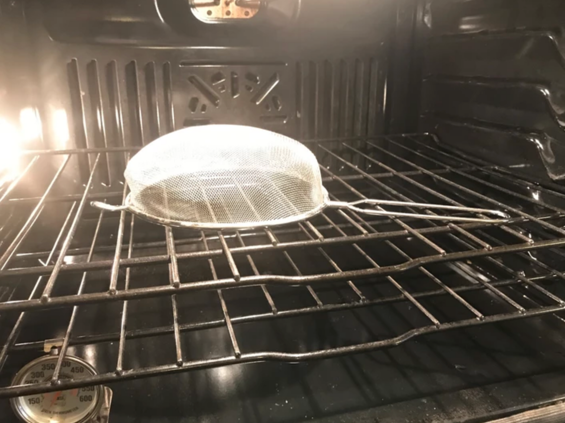 strainer in the oven