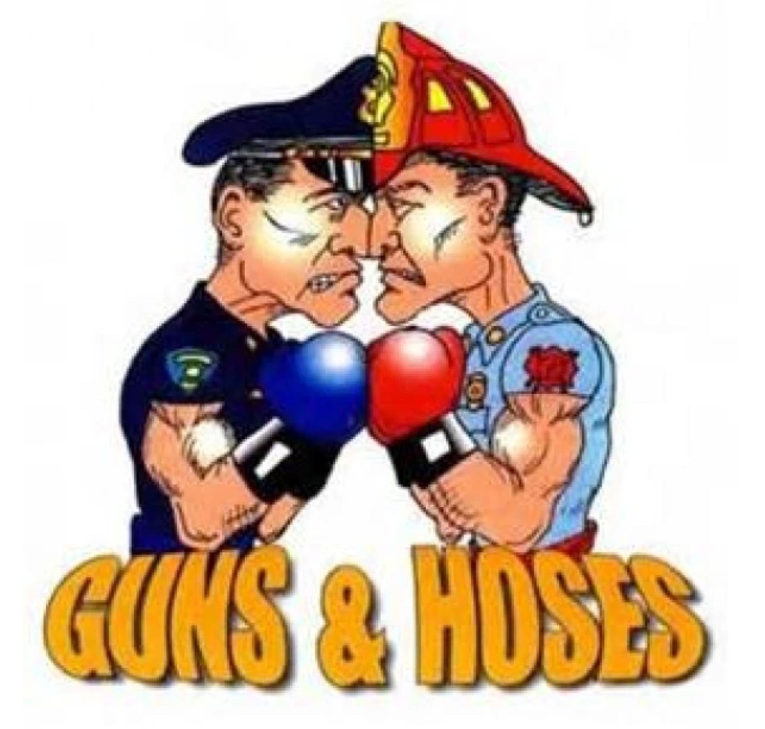 Police officer and firefighter boxing, facing each other, wearing gloves, hats, logo