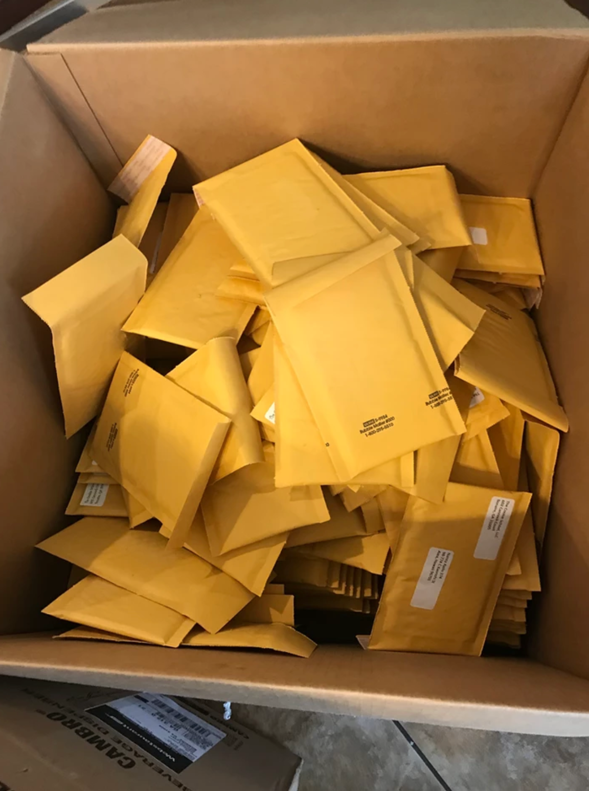 Box filled with yellow padded envelopes.