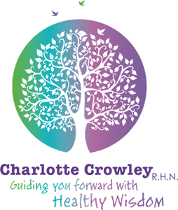 A circular logo featuring a white tree silhouette against a green-to-purple gradient, with text below for Charlotte Crowley.