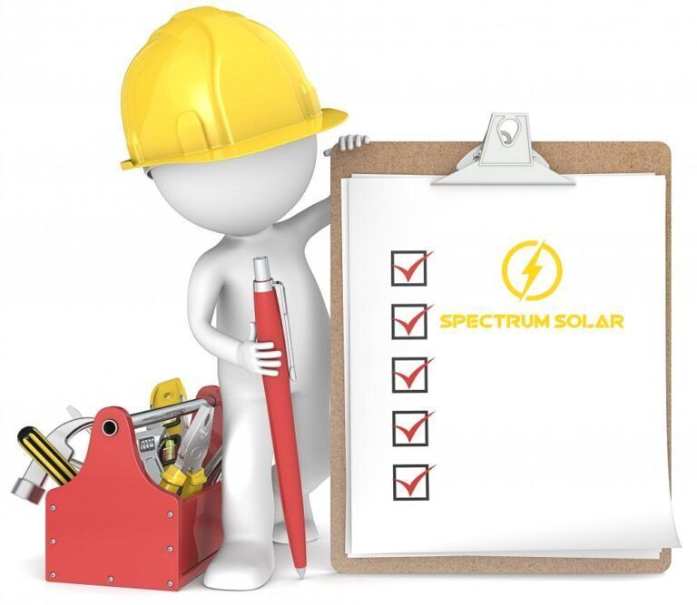 A 3d man wearing a hard hat is holding a clipboard with spectrum solar written on it