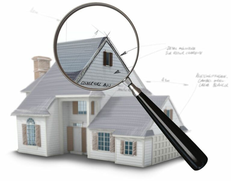 A magnifying glass is looking at the roof of a house