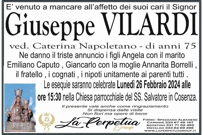necrologio Giuseppe Vilardi