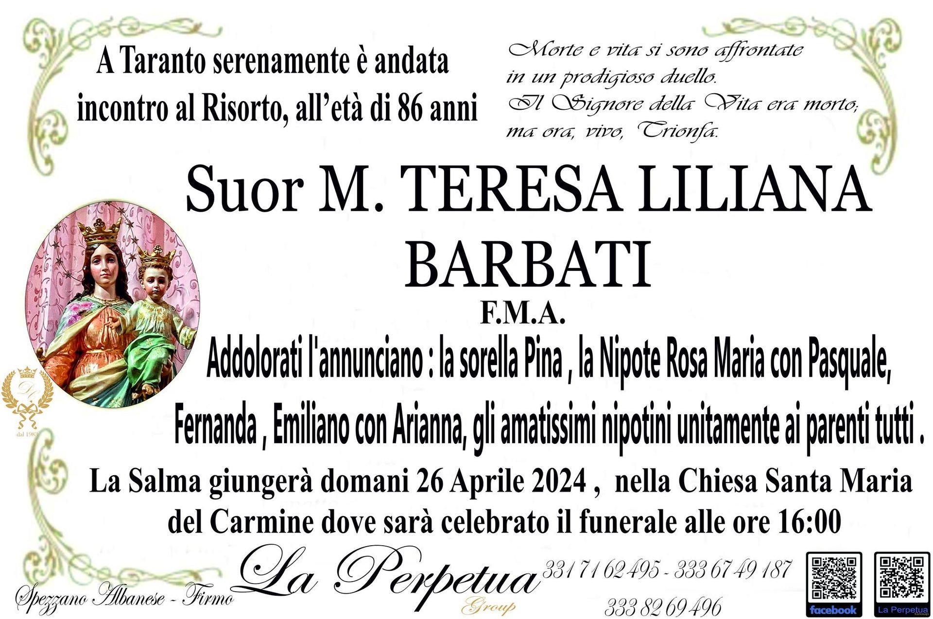 necrologio Teresa Liliana Barbati