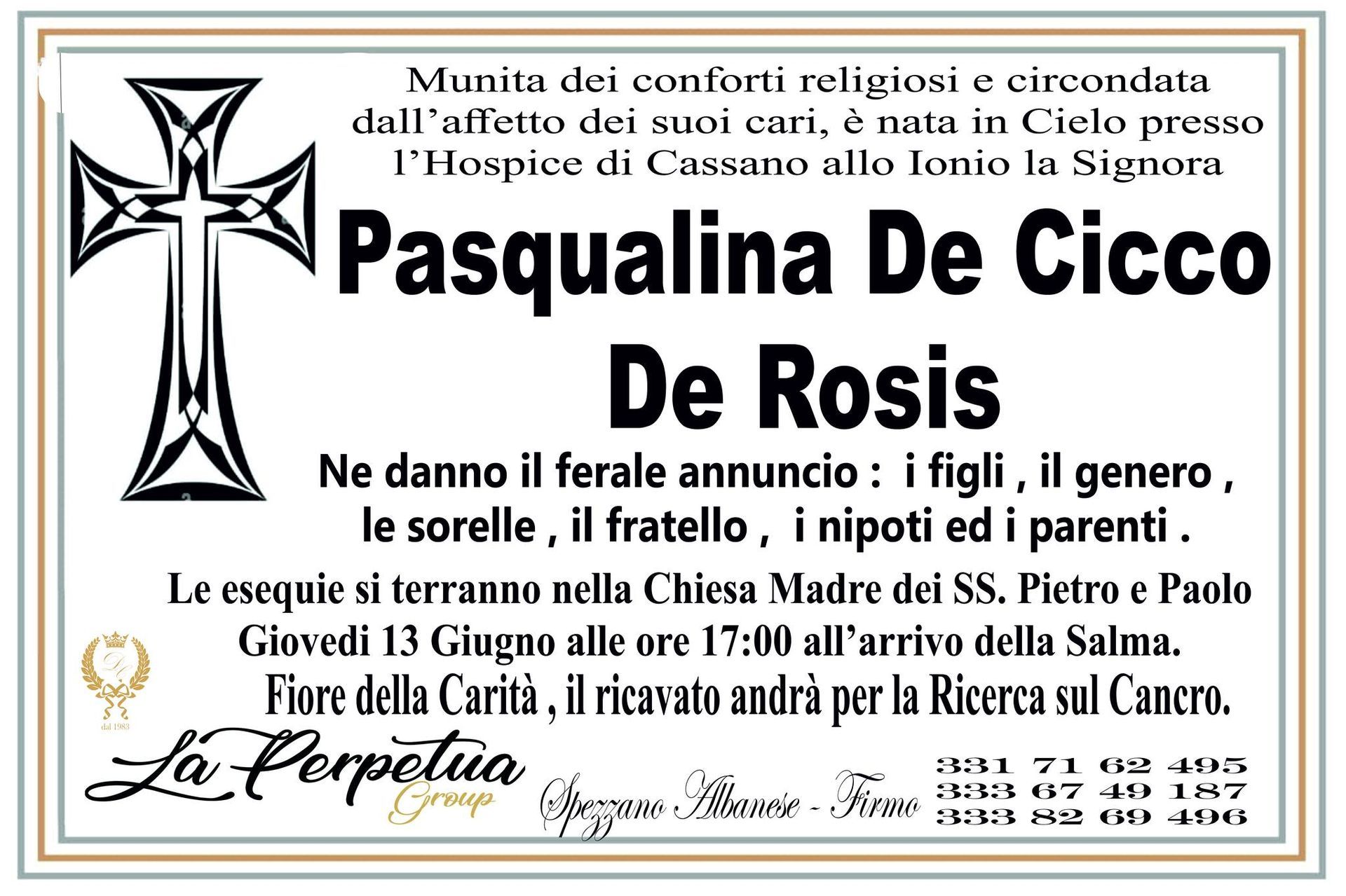 necrologio Pasqualina De Cicco De Rosis