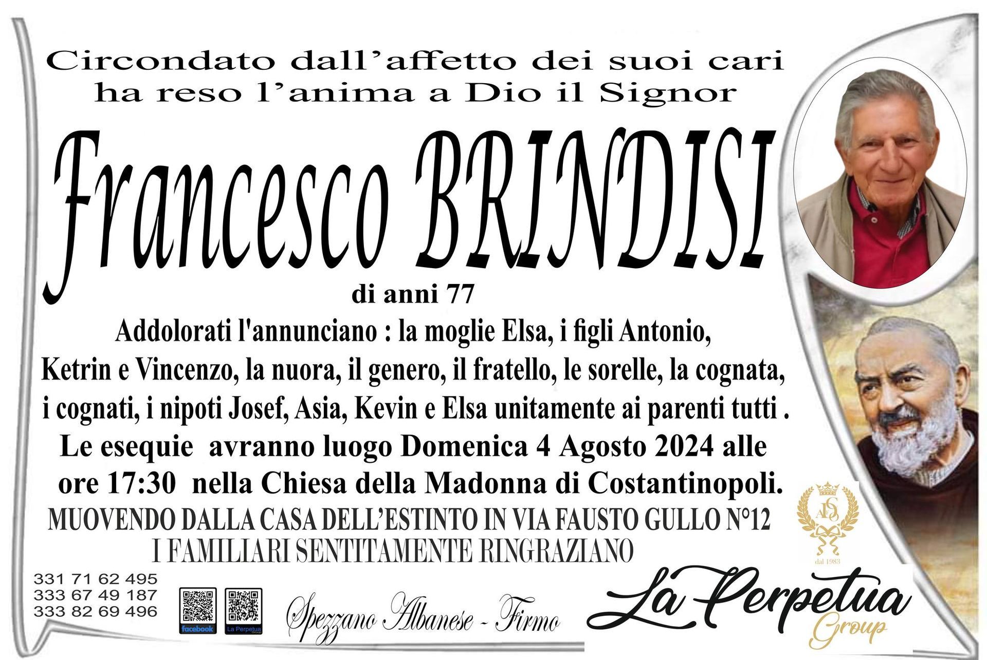 necrologio Francesco Brindisi