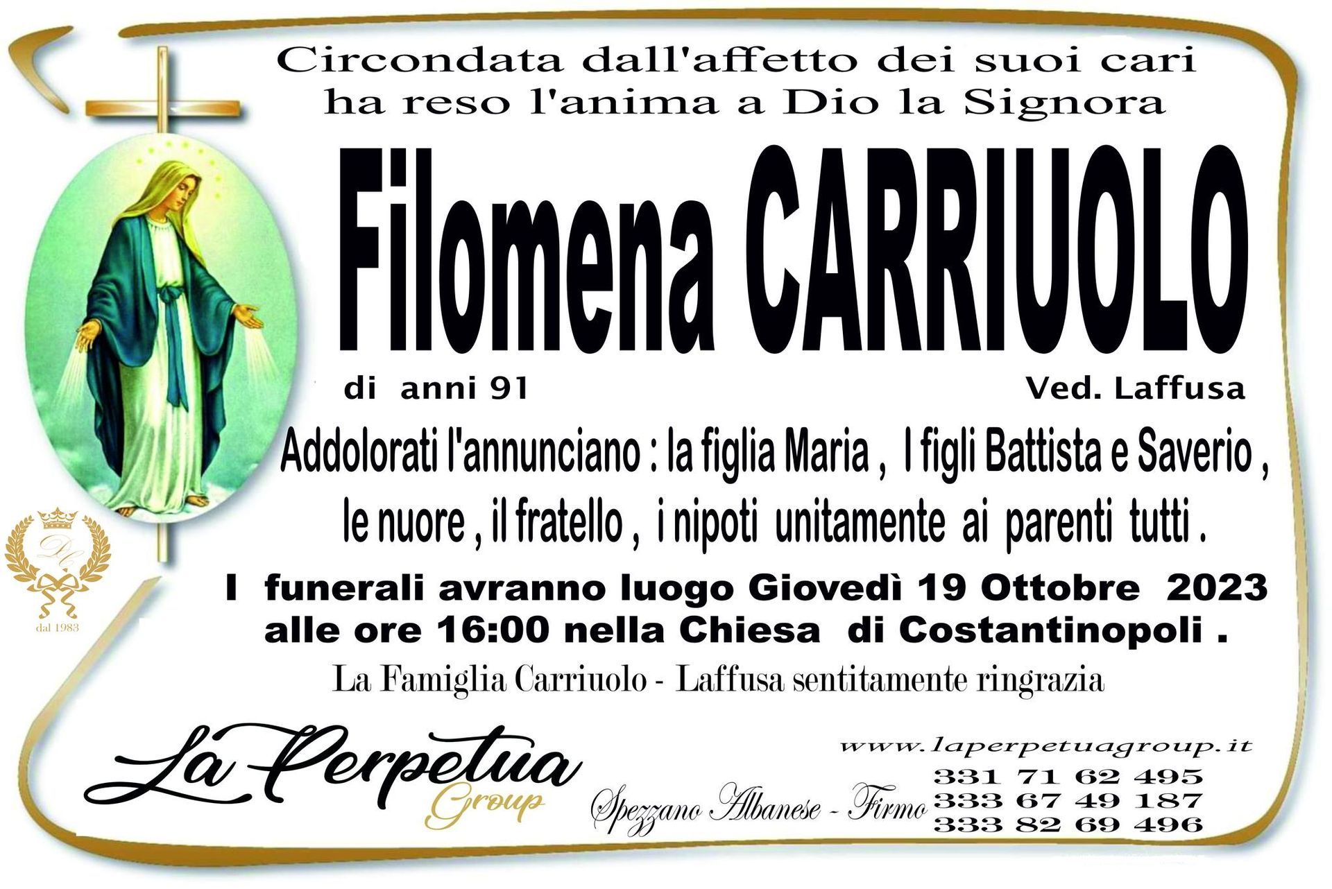 necrologio Filomena Carriuolo