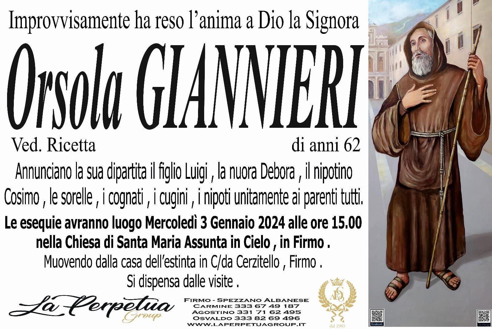 necrologio Orsola Giannieri