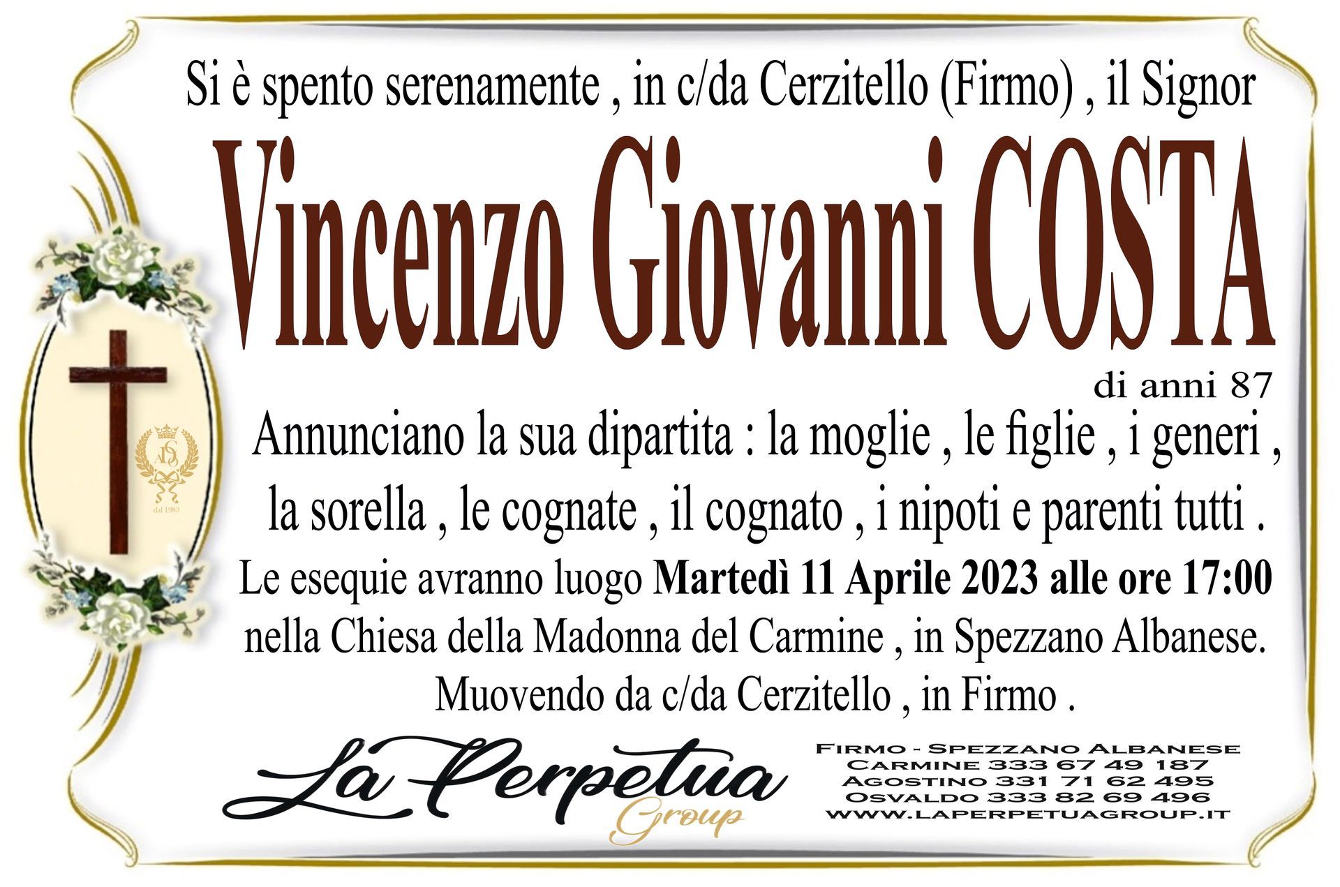 necrologio Vincenzo Giovanni Costa