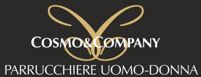 Logo del salone Cosmos & Company con forbici dorate su sfondo nero e la scritta "Parrucchiere Uomo-Donna".