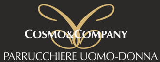 Logo del salone Cosmos & Company con forbici dorate su sfondo nero e la scritta "Parrucchiere Uomo-Donna".
