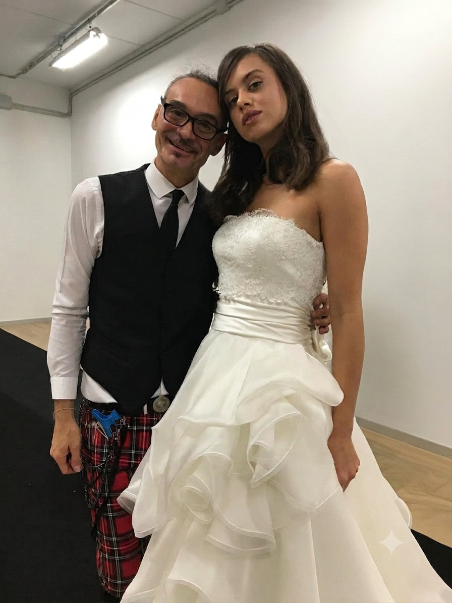 Due persone in posa insieme in un corridoio, una con un abito bianco e l'altra con un gilet e una cravatta neri.